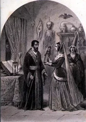 Een Cliënt Bezoekt een Tovenaar, gegraveerd door Philibert Langlois (fl.c.1834-9)