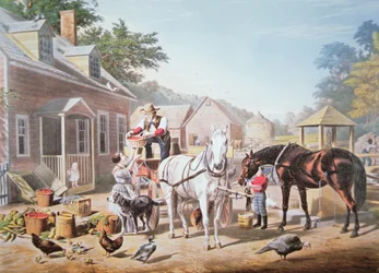 Amerikaanse taferelen: Voorbereidingen voor de markt, uitgegeven door N. Currier
