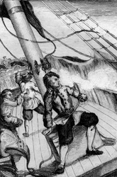 Elke minuut verwachtte ik te worden verzwolgen, gravure naar de tekening van M. de Sainson voor het boek van Daniel Defoe 