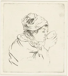 Borstbeeld van een drinkende vrouw met hoofddoek