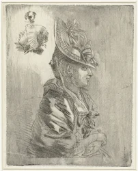 Studieblad met het portret van een jonge vrouw met hoed en twee kleinere portretten