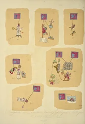 Fragmenten van Azteekse hiërogliefen schilderijen, uit de Codex Telleriano-Remensis, illustratie uit 