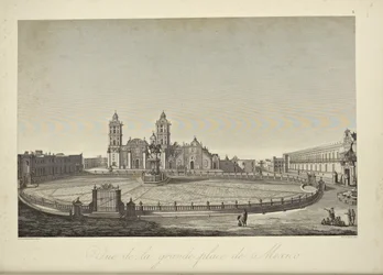Uitzicht op het hoofdplein, Mexico, illustratie uit 
