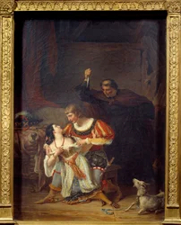 Aartsdiaken Frollo en Esmeralda, Phoebus en Esmeralda omhelsd; achter Phoebus verschijnt Claude Frollo met een dolk om zijn rivaal in het hart van de zigeunerin te doden. Illustratie bij 