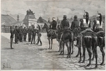 Degradatie van Alfred Dreyfus - Dreyfus-affaire: De degradatie van Alfred Dreyfus in de binnenplaats van de École Militaire Parijs, 5 januari 1895. Gravure in 