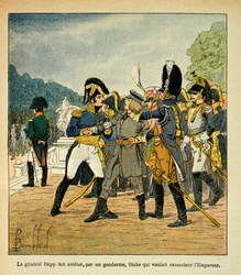 Illustratie door Louis Bombled (1862-1927) uit het boek „Het Memorial van Sint-Helena“ van graaf Emmanuel de Las Cases (1766-1842): generaal Rapp laat de jonge Stabs, die keizer Napoleon wilde vermoorden, door een gendarme arresteren, Collectie Partial