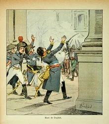 Illustratie van Louis Bombled (1862-1927) uit het boek “Het gedenkschrift van Sint-Helena” van graaf Emmanuel de Las Cases (1766-1842): moord op generaal Léonard Duphot (1769-1797) in Rome in 1797, privécollectie