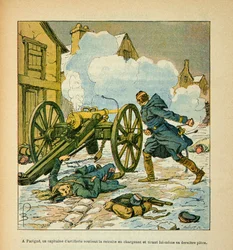Het leger van de Loire door Eugene Sergent, alias Grenest, geïllustreerd door Louis Bombled (1862-1927) (Frans-Duitse Oorlog; campagne van 1870-1871): Bij Parigne, een artilleriekapitein ondersteunde de terugtocht door zijn laatste stuk te laden en af te v