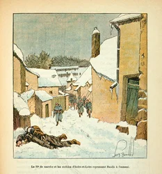 Het leger van de Loire door Eugene Sergent, alias Grenest, geïllustreerd door Louis Bombled (1862-1927) (Frans-Duitse Oorlog; campagne van 1870-1871): De 59e mars en de mobiele eenheden van Indre en Loire heroveren de stad Baulle van de vijand, Privécollec