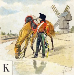 Letter K: Kolbach (kolbak, kolbaque), hoed van de Franse ruiters van het eerste en tweede keizerrijk, "Je serai soldat" (Ik zal soldaat worden) - Militair alfabet