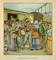 Inscheping van het bataljon van de Francs-Shoirers van Parijs naar Chateaudun in oktober 1870