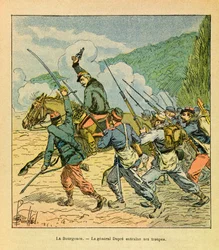Het Oostelijke Leger van Eugene Sergeant, bekend als Grenest, geïllustreerd door Louis Bombled (1862-1927) (Frans-Duitse Oorlog; campagne van 1870-1871): Generaal Dupre aan het hoofd van zijn mannen bij de Slag om La Bourgonce in oktober 1870, Privécollect