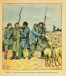 Het Oostelijke Leger van Eugene Sergeant, alias Grenest, geïllustreerd door Louis Bombled (1862-1927) (Frans-Duitse Oorlog; campagne van 1870-1871): De Martin mobiel, vermomd als boer, nam een kudde schapen in beslag die door twee Pruisen naar Langres werd