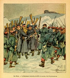 Het Oostelijke Leger van Eugene Sergeant, bekend als Grenest, geïllustreerd door Louis Bombled (1862-1927) (Frans-Duitse Oorlog; campagne van 1870-1871): Februari 1871 tijdens de laatste gevechten bij La Cluse Luitenant Jasinsky van de 29e, maakte 35 gevan