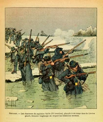 Januari 1871, Hericourt, de jagers van kapitein Sarda duiken half in het ijs van de Lisaine