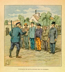Het Leger van het Oosten van Eugène Sergeant, bekend als Grenest, geïllustreerd door Louis Bombled (1862-1927) (Frans-Duitse Oorlog; veldtocht van 1870-1871): De training van de nationale gardes op het platteland om het grondgebied te verdedigen