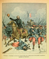 De Oostelijke Armee van Eugene Sergeant, bekend als Grenest, geïllustreerd door Louis Bombled: Januari 1871, Generaal Bourbaki aan het hoofd van de troepen van het 20e Korps onder zwaar vuur
