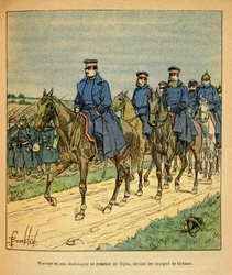 Het Oostelijke Leger van Eugene Sergeant, bekend als Grenest, geïllustreerd door Louis Bombled (1862-1927) (Frans-Duitse Oorlog; campagne van 1870-1871): Generaal Werder en zijn Generale Staf van Dijon voor de troepen van Generaal Cremer, Privécollectie