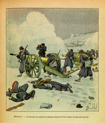 Het Oostelijke Leger van Eugene Sergeant, bekend als Grenest, geïllustreerd door Louis Bombled (1862-1927) (Frans-Duitse Oorlog; campagne van 1870-1871): Januari 1871, Hericourt, de batterij van Kapitein Dessus blijft vuren met grote verliezen, Privécollec