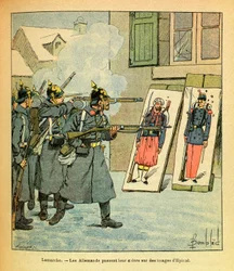 Het Oostelijke Leger van Eugene Sergeant, bekend als Grenest, geïllustreerd door Louis Bombled (1862-1927) (Frans-Duitse Oorlog; campagne van 1870-1871): In Lamarche, Duitse soldaten uiten hun woede op afbeeldingen van Epinal, Collectie Gedeeltelijk