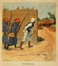 De oorlog in Madagaskar-Anekdotische geschiedenis van de Franse expedities van 1885-1895 door Henri Galli alias Galllichet (1854-1922), geïllustreerd door Louis Bombled (1862-1927): Franse troepen betraden het dorp Mevatanana in 1895, Privécollectie