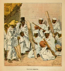 De oorlog in Madagaskar - Anekdotische geschiedenis van de Franse expedities van 1885-1895 door Henri Galli, geïllustreerd door Louis Bombled: Malagassische muzikanten in de 19e eeuw