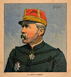 De oorlog in Madagaskar - Anekdotische geschiedenis van de Franse expedities van 1885-1895 door Henri Galli, geïllustreerd door Louis Bombled: Portret van generaal Duchesne, opperbevelhebber van de Franse expeditietroepen