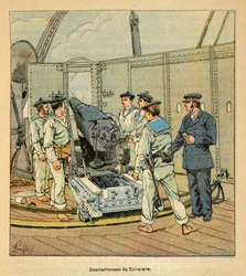 De oorlog in Madagaskar - Anecdotische geschiedenis van de Franse expedities van 1885-1895 door Henri Galli, geïllustreerd door Louis Bombled: Bombardement van Tamatave door de Franse marine, privécollectie