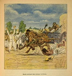 De oorlog in Madagaskar - Anecdotische geschiedenis van de Franse expedities van 1885-1895 door Henri Galli, geïllustreerd door Louis Bombled: Ossen getroffen door auto