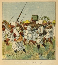 De oorlog in Madagaskar - Anecdotische geschiedenis van de Franse expedities van 1885-1895 door Henri Galli, geïllustreerd door Louis Bombled: Gevangenen Hovas gebruikt om artilleriestukken te vervoeren