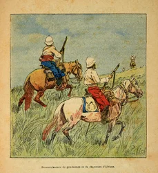 De oorlog in Madagaskar-Anekdotische geschiedenis van de Franse expedities van 1885-1895 door Henri Galli, geïllustreerd door Louis Bombled: Herkenning van gendarmes en jagers uit Afrika in Madagaskar in 1895