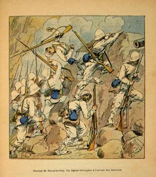 De oorlog in Madagaskar-Anekdotische geschiedenis van de Franse expedities van 1885-1895 door Henri Galli, geïllustreerd door Louis Bombled: Slag bij Tsinainondry, het vreemdelingenlegioen bij de aanval op de Hovas-batterijen in 1895