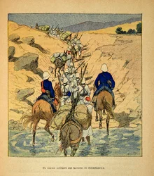 De oorlog in Madagaskar - Anecdotische geschiedenis van de Franse expedities van 1885-1895 door Henri Galli, geïllustreerd door Louis Bombled: een militair konvooi op weg naar Suberbieville in 1895