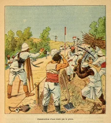 De oorlog in Madagaskar - Anecdotische geschiedenis van de Franse expedities van 1885-1895 door Henri Galli, geïllustreerd door Louis Bombled: Aanleg van een weg in Madagaskar door Genie in 1895
