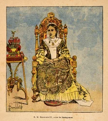 De oorlog in Madagaskar - Anecdotische geschiedenis van de Franse expedities van 1885-1895 door Henri Galli, geïllustreerd door Louis Bombled: Portret van koningin Ranavalona III (1861-1917) koningin van Madagaskar
