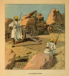 De Oorlog in Madagaskar-Anekdotische Geschiedenis van de Franse Expedities van 1885-1895 door Henri Galli alias Galllichet (1854-1922), geïllustreerd door Louis Bombled (1862-1927): Terugtrekking van Hovas-troepen in 1895 in Tananarive, Privécollectie