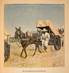 De Oorlog in Madagaskar-Anekdotische Geschiedenis van de Franse Expedities van 1885-1895 door Henri Galli, geïllustreerd door Louis Bombled: Konvooi van zieke ontsnappingen op Marololo, privécollectie