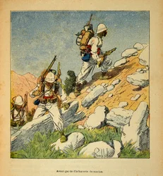 De Oorlog in Madagaskar-Anekdotische Geschiedenis van de Franse Expedities van 1885-1895 door Henri Galli, geïllustreerd door Louis Bombled: Voorhoede van de infanterie in Madagaskar in 1895, privécollectie