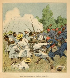 De oorlog in Madagaskar - Anekdotische geschiedenis van de Franse expedities van 1885-1895 door Henri Galli, geïllustreerd door Louis Bombled: De Malagassiërs namen een kanon in beslag tijdens de gevechten van Ambolomonty in 1895