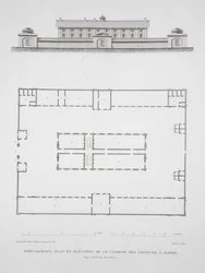 Plattegrond en aanzicht van het gebouw voor veroordeelden in Port Jackson, nabij Sydney, uit Voyage Autour du Monde (1817-20), gepubliceerd 1822-24