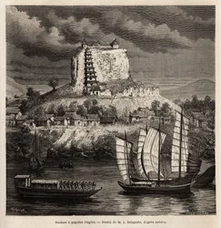 Een rots met pagodastages en verschillende boten op de blauwe rivier (China), gravure naar de tekening van L. Delaporte, ter illustratie van de ontdekkingsreis in Indochina door Francis Garnier, luitenant van het schip, in 1866-1868, gepubliceerd in 