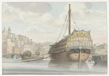 Gezicht op haven met galei schip vlakbij de werf (Voyage en Italie, en Sicile et à Malte - 1778)