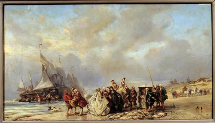 Heren op het strand van Scheveningen die vis kopen (18e eeuw). Schilderij door Louis Gabriel Eugene Isabey (1803-1886)