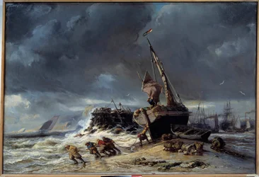 Laag tij, vertrek voor de visvangst Schilderij door Louis Eugene Isabey (1803-1886) 19e eeuw Le Havre, Musée des Beaux Arts
