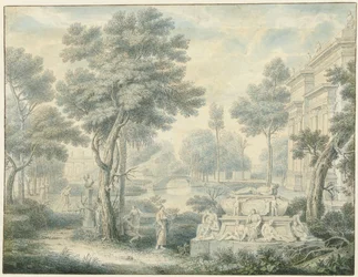 Arcadisch landschap met een graftombe