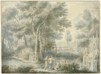 Arcadisch landschap, met rechts een fontein