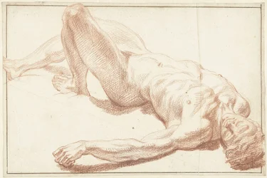 Studie van mannelijk naakt, liggend op de rug, met gestrekt been