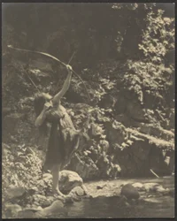 [Vrouwelijke boogschutter in het bos].
