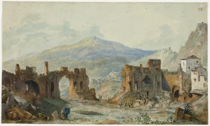 Het antieke theater in Taormina met uitzicht op de Etna, studie voor Saint Non