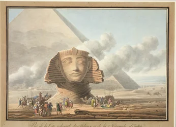 Gezicht op het hoofd van de Sfinx en de piramide van Chefren, ca. 1790